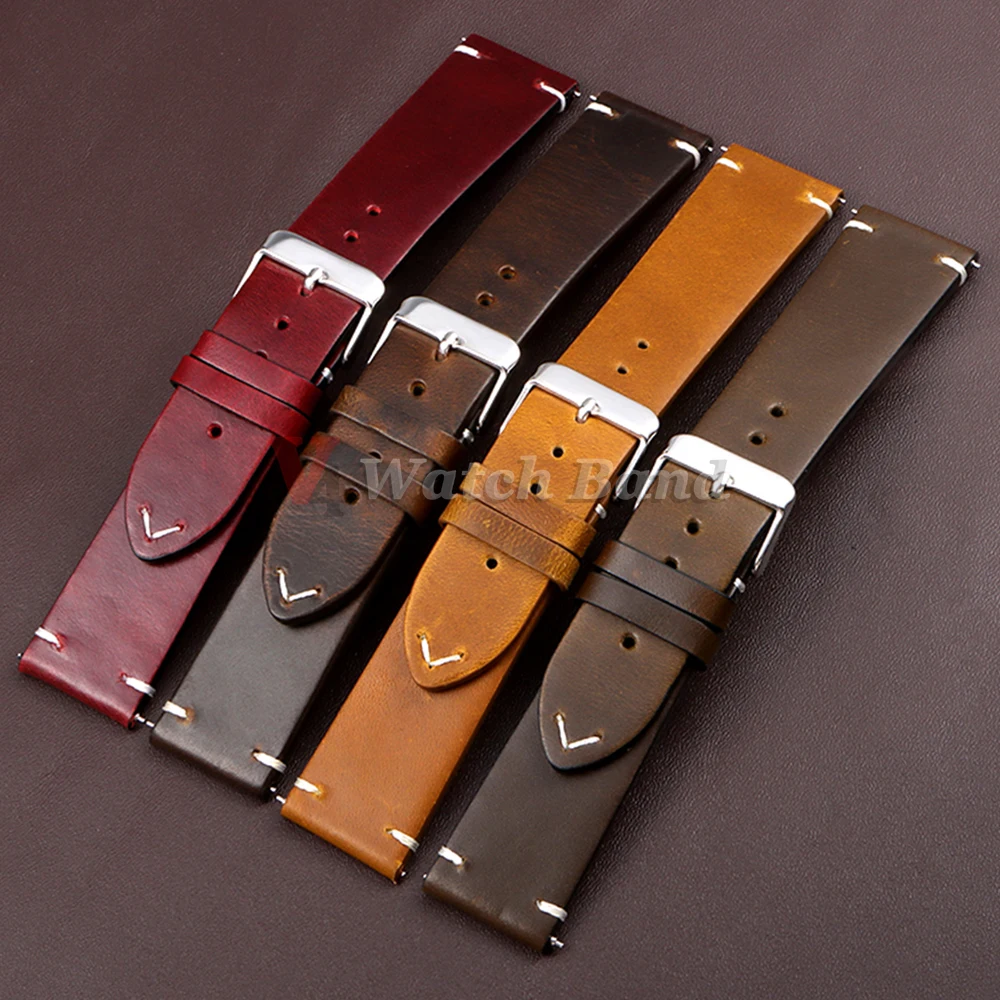 18mm 19mm 20mm 22mm 21mm 24mm Vintage Oil Wax Watchband Universal Stitching Strap Business Vintage Brown Watch Band Accessories