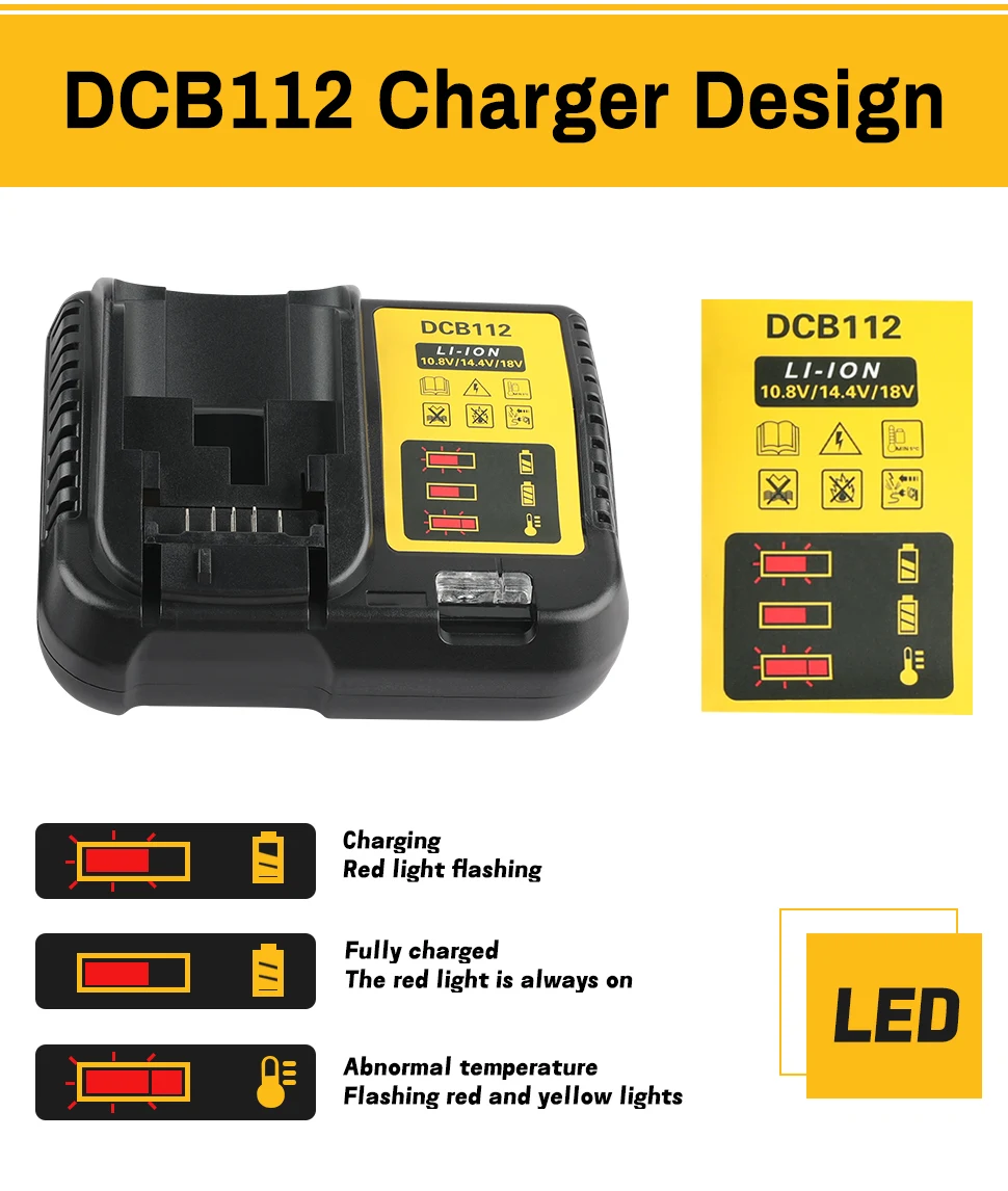 DCB112 Lithium Battery Charger - Suitable for 10.8V, 12V, 14.4V, 18V, 20V DCB Series Lithium-ion Batteries