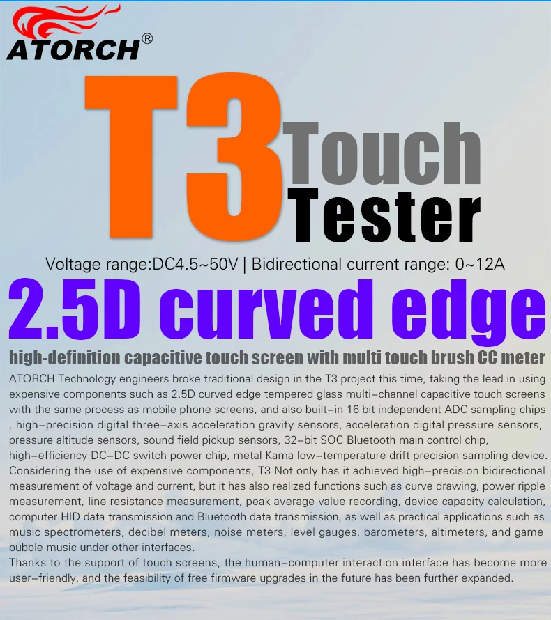 T3 Touch Control Gravity Sensor Digital Voltmeter Ammeter High Precision Power Capacity USB Tester for Type C Phone Charger