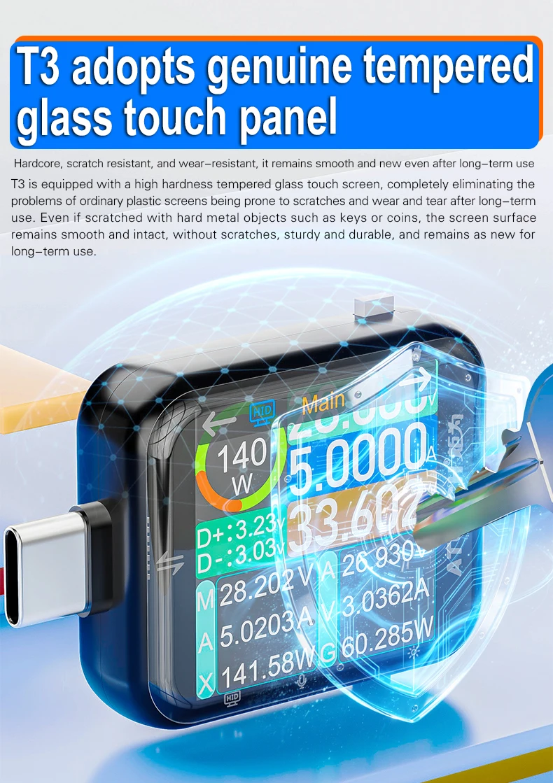 T3 Touch Control Gravity Sensor Digital Voltmeter Ammeter High Precision Power Capacity USB Tester for Type C Phone Charger