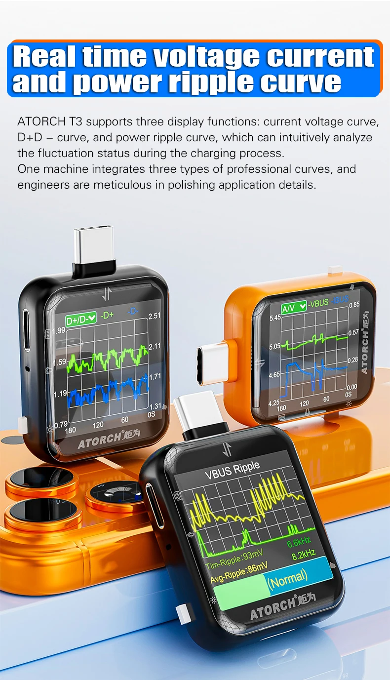 T3 Touch Control Gravity Sensor Digital Voltmeter Ammeter High Precision Power Capacity USB Tester for Type C Phone Charger