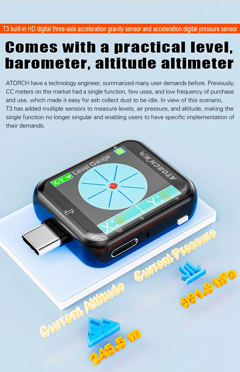 T3 Touch Control Gravity Sensor Digital Voltmeter Ammeter High Precision Power Capacity USB Tester for Type C Phone Charger