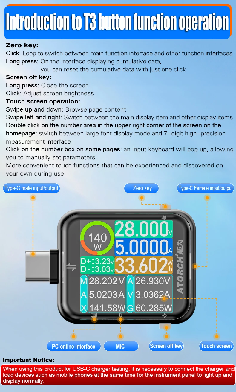 T3 Touch Control Gravity Sensor Digital Voltmeter Ammeter High Precision Power Capacity USB Tester for Type C Phone Charger