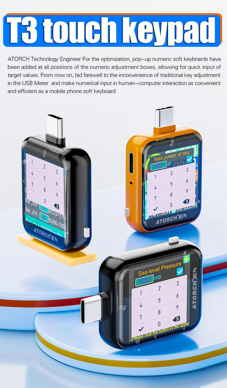 T3 Touch Control Gravity Sensor Digital Voltmeter Ammeter High Precision Power Capacity USB Tester for Type C Phone Charger