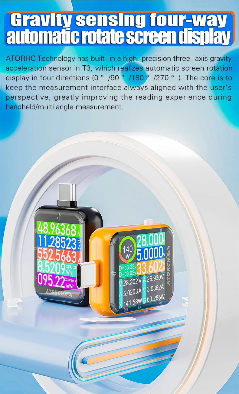 T3 Touch Control Gravity Sensor Digital Voltmeter Ammeter High Precision Power Capacity USB Tester for Type C Phone Charger