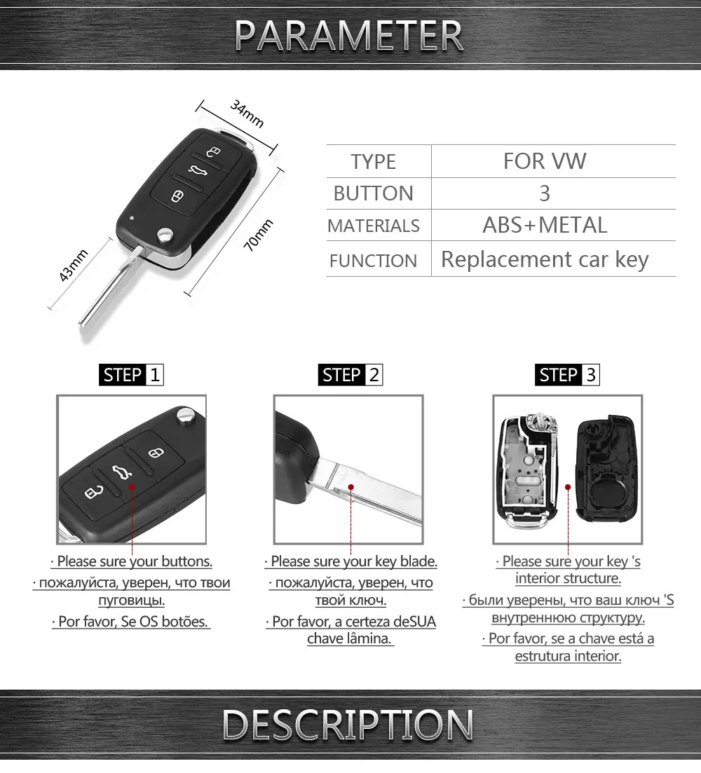 KEYYOU NEW 3 Button For VW For VOLKSWAGEN Tiguan Golf Sagitar Polo MK6 Flip Fob Remote Folding Key Shell Uncut Blade