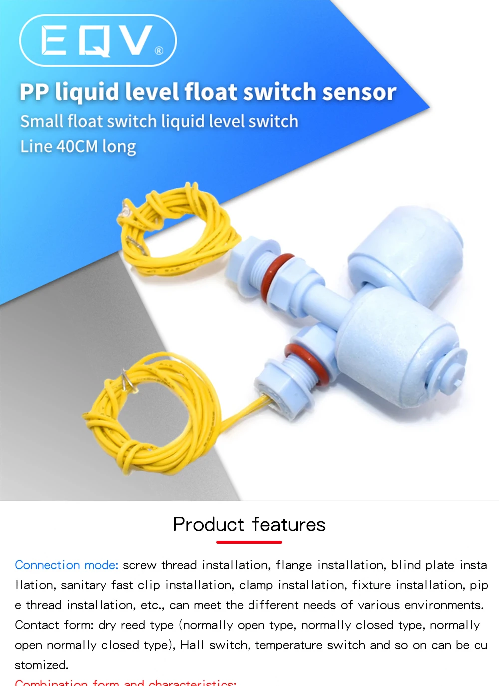 52mm PP Liquid Water Level Sensor Horizontal Float Switch Down