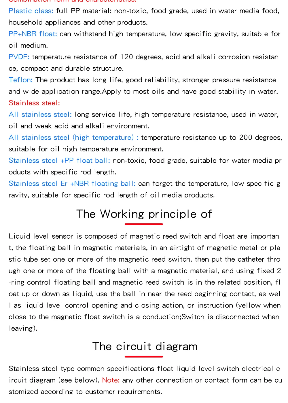 52mm PP Liquid Water Level Sensor Horizontal Float Switch Down
