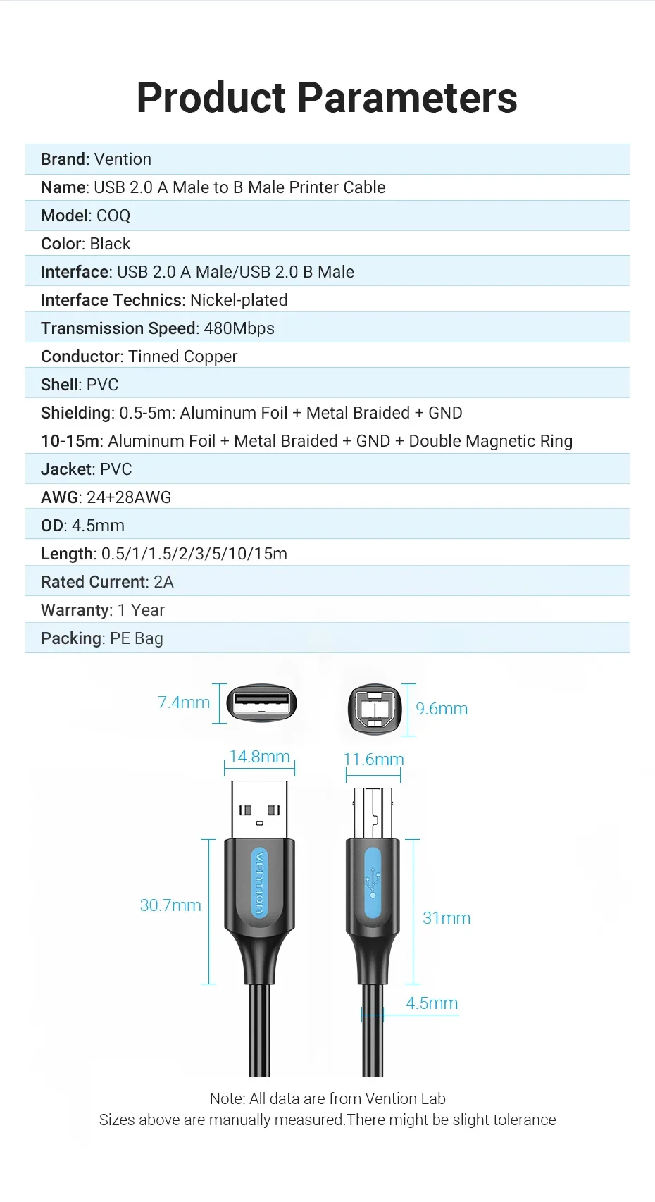 Vention USB Printer Cable USB Type B Male to A Male USB 2.0 Cable for Canon Epson HP ZJiang Label Printer USB 2.0 Printer Cable
