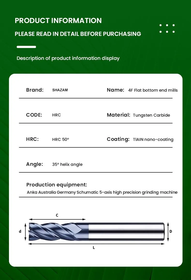 Milling Cutter Hrc50 Endmill Alloy Tungsten Steel Cnc Maching SHAZAM Top Milling Machine Tools For Steel 1.0mm-12.0mm