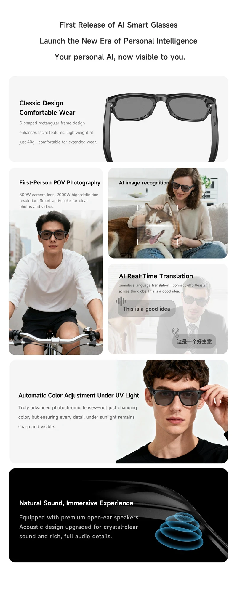 Lenovo 8KHD AI Camera Translation Glasses 1200MP Photochromic Smart Glasses Bluetooth Calling Photo Video ChatGPT Music for Men