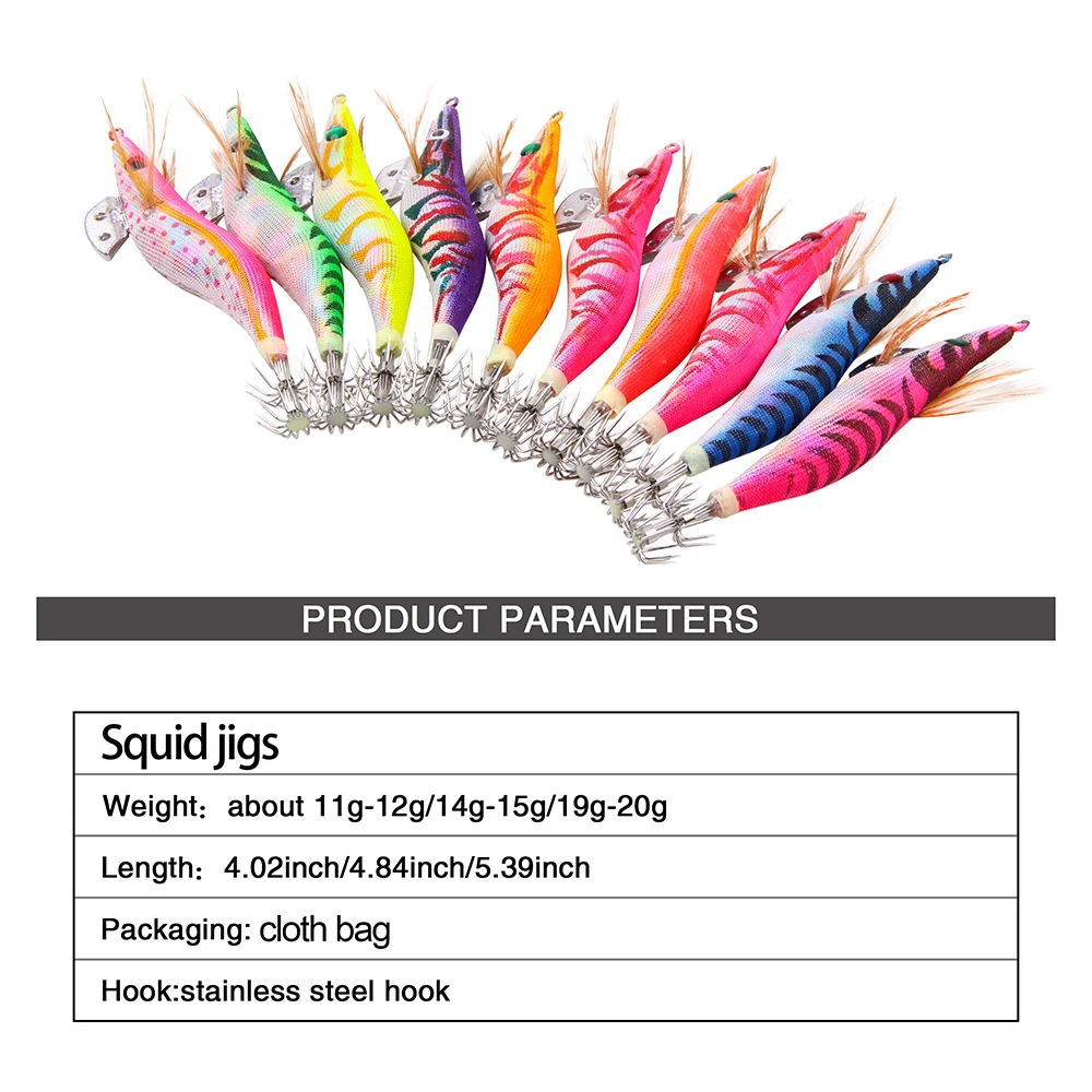 10Pcs 12g-20g Squid bait Wooden Shrimp jig hook With Rattle Octopus Lures Cuttlefish luminous jigging Squid Fishing lure