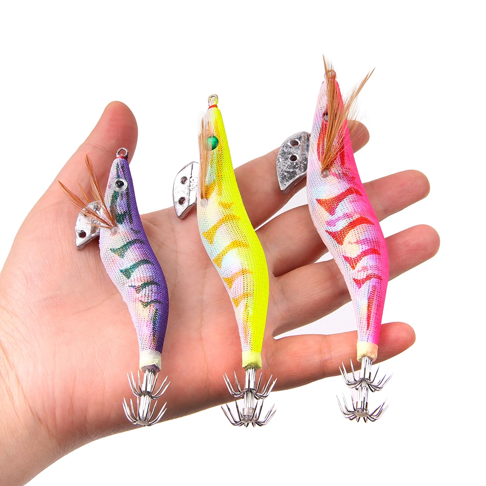 10Pcs 12g-20g Squid bait Wooden Shrimp jig hook With Rattle Octopus Lures Cuttlefish luminous jigging Squid Fishing lure