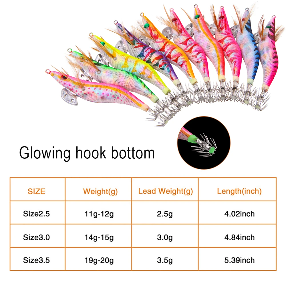 10Pcs 12g-20g Squid bait Wooden Shrimp jig hook With Rattle Octopus Lures Cuttlefish luminous jigging Squid Fishing lure