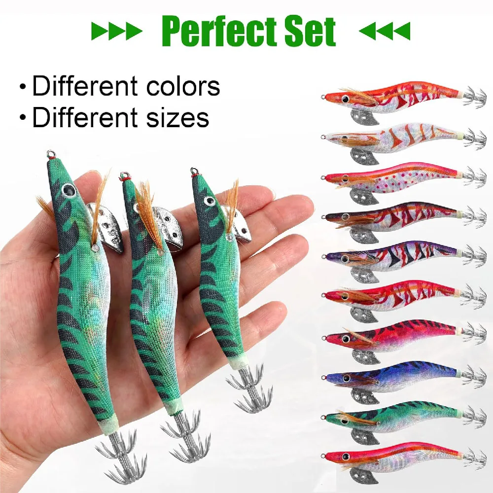 10Pcs 12g-20g Squid bait Wooden Shrimp jig hook With Rattle Octopus Lures Cuttlefish luminous jigging Squid Fishing lure