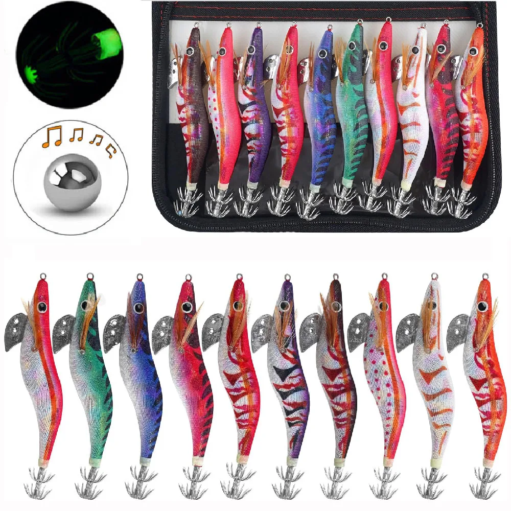 10Pcs 12g-20g Squid bait Wooden Shrimp jig hook With Rattle Octopus Lures Cuttlefish luminous jigging Squid Fishing lure