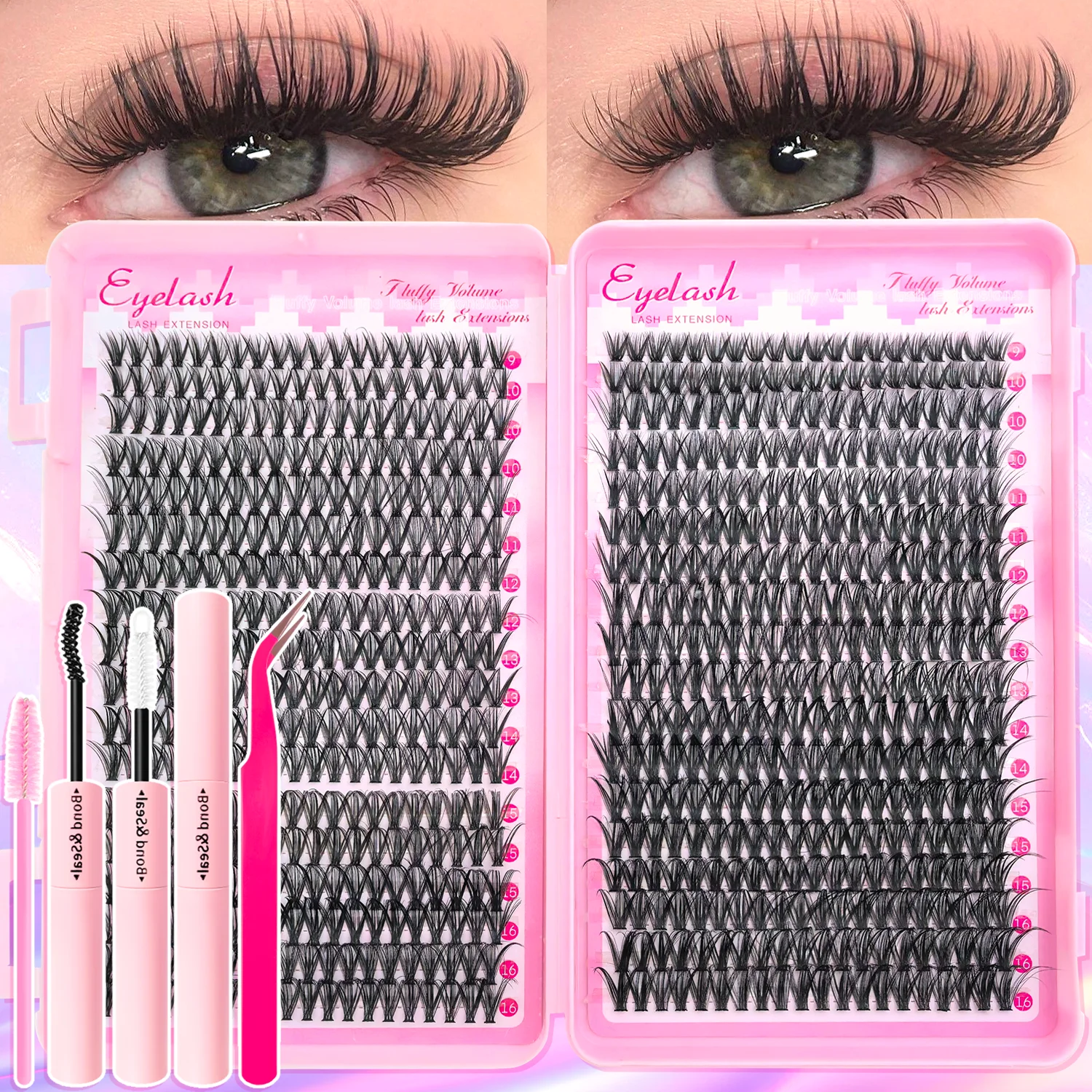 720/200pcs Eyelash Extension Kit Fluffy Eyelash Extension Kit with Lash Bond and Seal Lash Tweezers Thick Lash Clusters Wispy