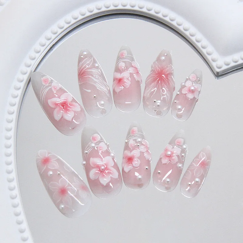 24pcs Pink Flower Almond Press on Nails Kawaii False Nails Wearable Stick-on Nails Fake Nail Uñas Postizas Накладные Ногти 네일팁