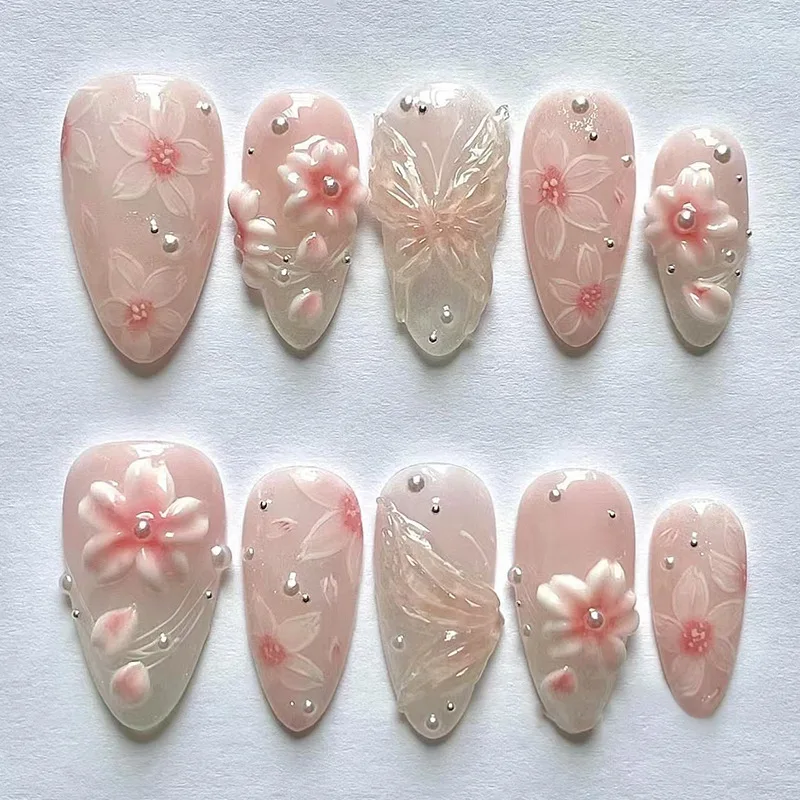 24pcs Pink Flower Almond Press on Nails Kawaii False Nails Wearable Stick-on Nails Fake Nail Uñas Postizas Накладные Ногти 네일팁