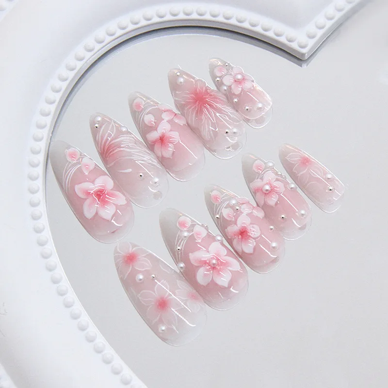24pcs Pink Flower Almond Press on Nails Kawaii False Nails Wearable Stick-on Nails Fake Nail Uñas Postizas Накладные Ногти 네일팁