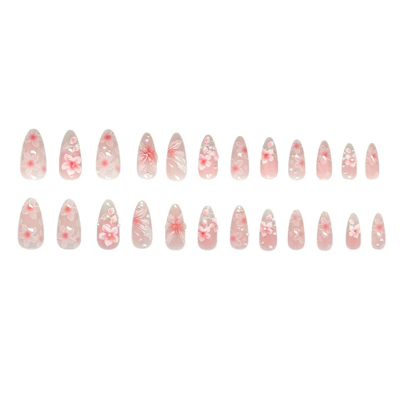 24pcs Pink Flower Almond Press on Nails Kawaii False Nails Wearable Stick-on Nails Fake Nail Uñas Postizas Накладные Ногти 네일팁