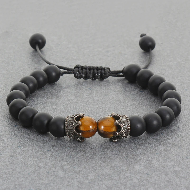 Black Lava Stone Crown Charm Tiger Eye Beads Bracelet For Men Women Braided Bracelets Handmade Adjustable Jewelry Pulseira