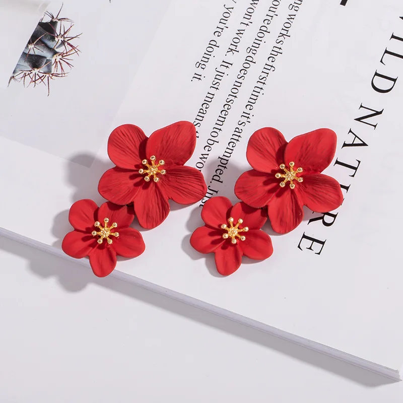 Korean Big Double Flower Drop Earrings for Woman Summer Beach Party Metal Statement Ear Boho Fashion Jewelry Girl Gift