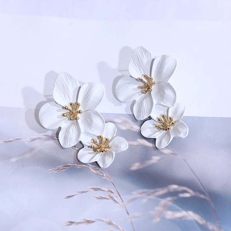 Korean Big Double Flower Drop Earrings for Woman Summer Beach Party Metal Statement Ear Boho Fashion Jewelry Girl Gift