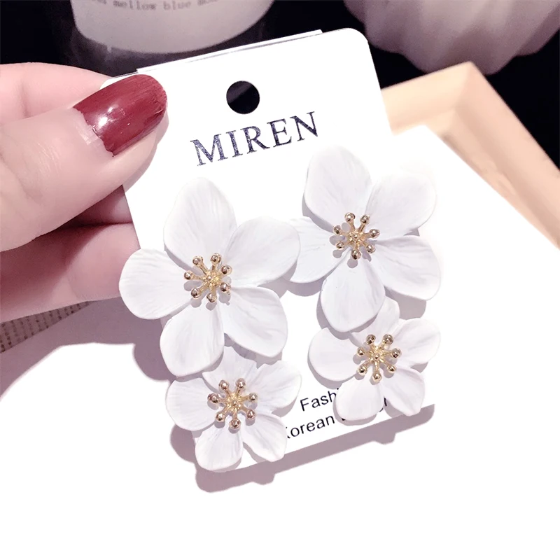 Korean Big Double Flower Drop Earrings for Woman Summer Beach Party Metal Statement Ear Boho Fashion Jewelry Girl Gift