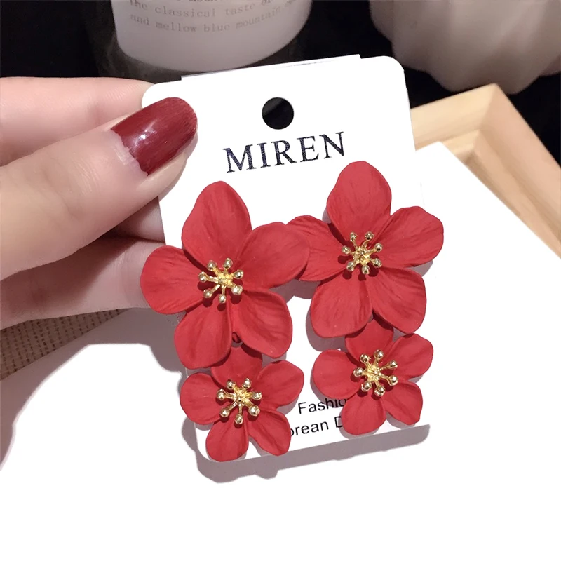 Korean Big Double Flower Drop Earrings for Woman Summer Beach Party Metal Statement Ear Boho Fashion Jewelry Girl Gift