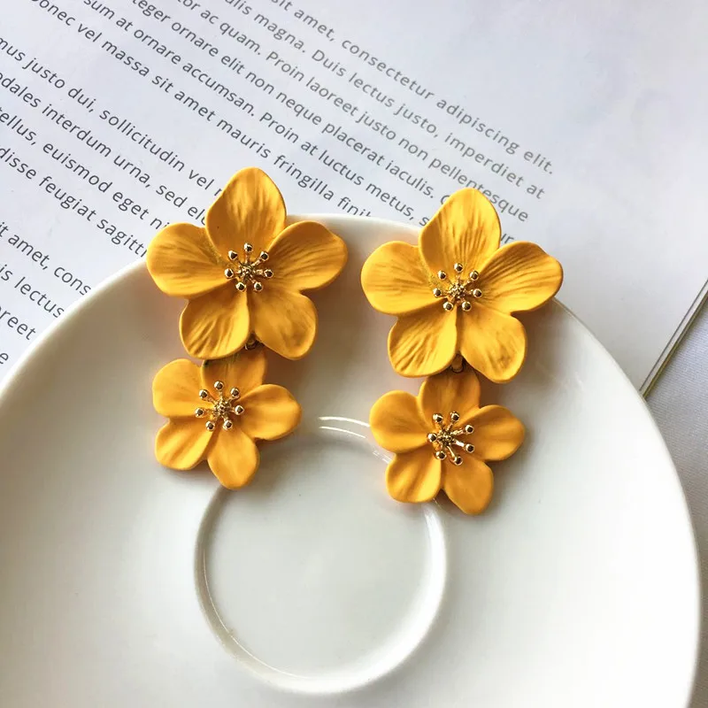Korean Big Double Flower Drop Earrings for Woman Summer Beach Party Metal Statement Ear Boho Fashion Jewelry Girl Gift