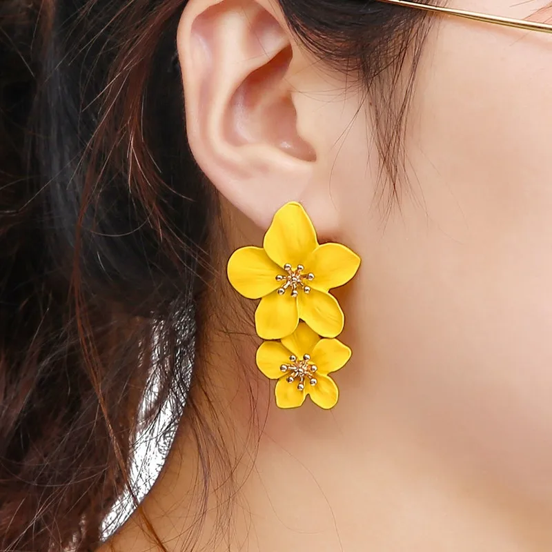Korean Big Double Flower Drop Earrings for Woman Summer Beach Party Metal Statement Ear Boho Fashion Jewelry Girl Gift