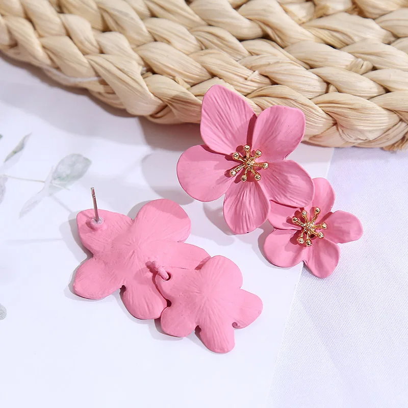 Korean Big Double Flower Drop Earrings for Woman Summer Beach Party Metal Statement Ear Boho Fashion Jewelry Girl Gift