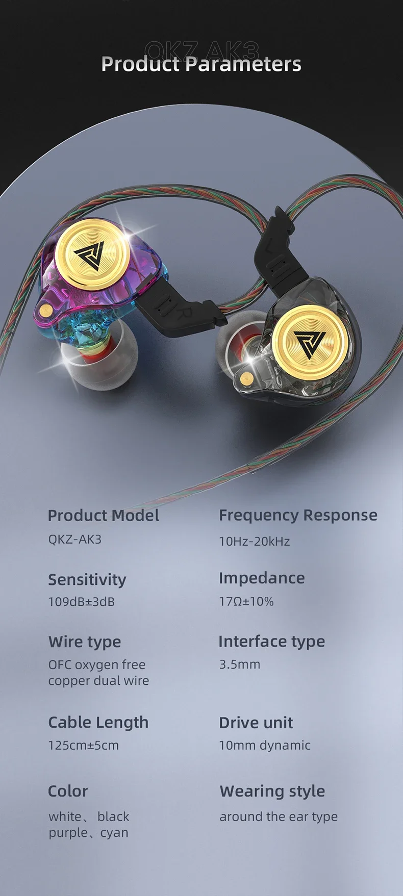 QKZ AK3 FiLe Wired Earphone with Microphone HiFi Music Monitor Bass Headphones Noise Cancelling Headset For Sport Gaming Earbuds