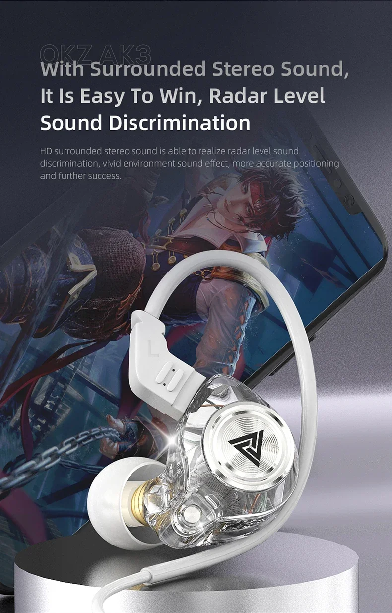 QKZ AK3 FiLe Wired Earphone with Microphone HiFi Music Monitor Bass Headphones Noise Cancelling Headset For Sport Gaming Earbuds