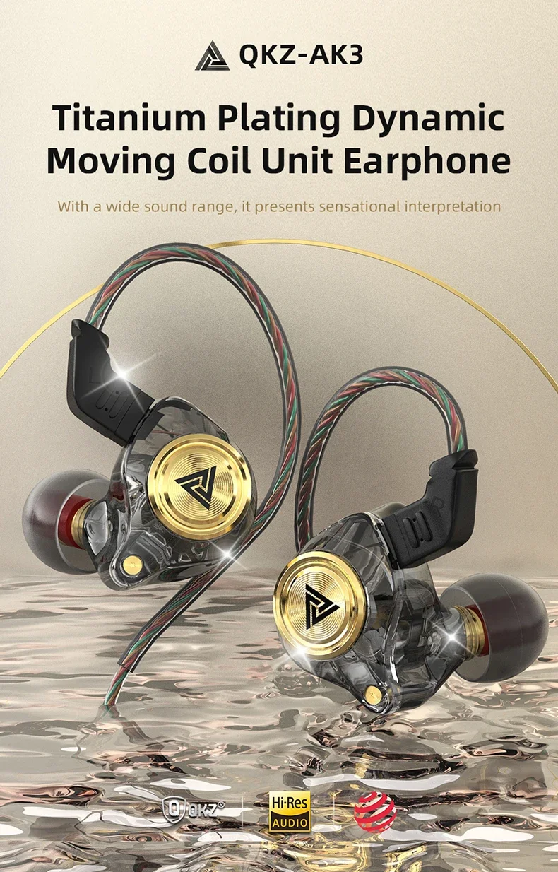 QKZ AK3 FiLe Wired Earphone with Microphone HiFi Music Monitor Bass Headphones Noise Cancelling Headset For Sport Gaming Earbuds