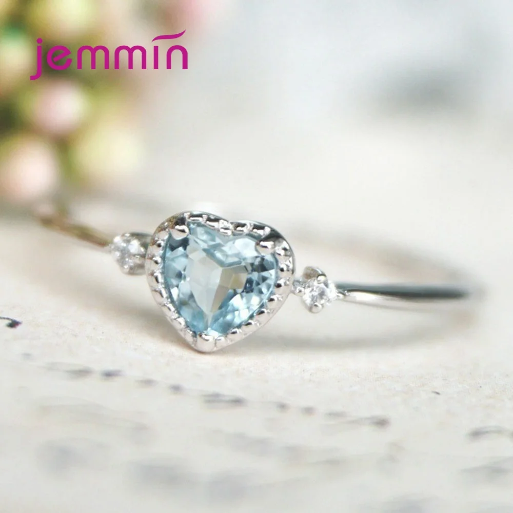 Authentic 100% 925 Sterling Silver Ring Light Blue Love Heart Romantic Finger Ring for Women Wedding Gift For Mother/Wife