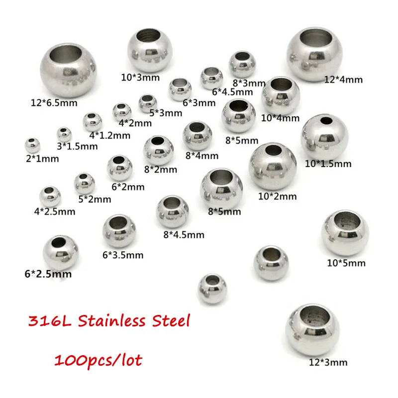 100pcs 2 Mm-12 mm Stainless Steel Beads European Ball Metal Big Hole Spacer Beads for Jewelry Making DIY Bracelet Necklace