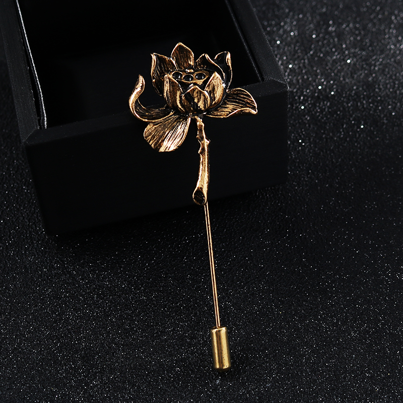 Ancient Personality Lotus Flower Brooch Shirt Lapel Pin Suit Corsage Long Needle Pins and Brooches for Women and Men Accessories