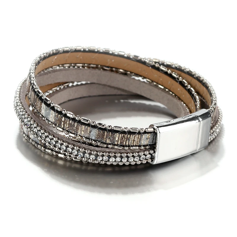 ALLYES Women Leather Bracelet Czech Crystal Vintage Boho Multiple Layered Bohemian Double Wrap Bracelet Men Femme Jewelry Gifts