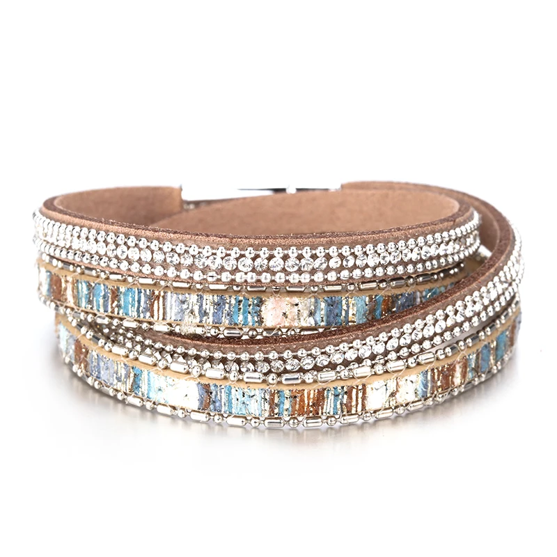 ALLYES Women Leather Bracelet Czech Crystal Vintage Boho Multiple Layered Bohemian Double Wrap Bracelet Men Femme Jewelry Gifts
