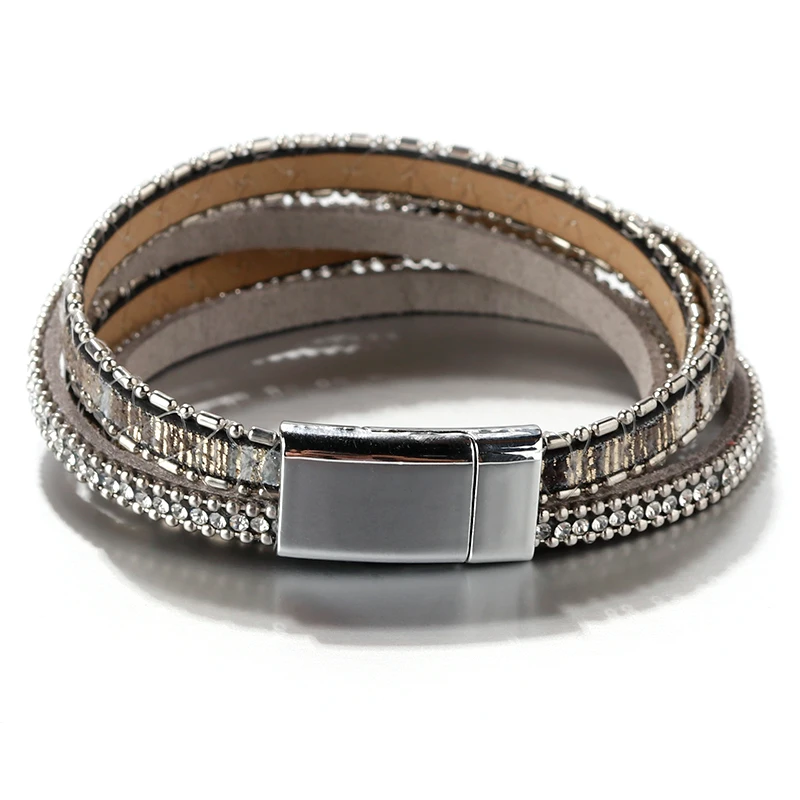 ALLYES Women Leather Bracelet Czech Crystal Vintage Boho Multiple Layered Bohemian Double Wrap Bracelet Men Femme Jewelry Gifts