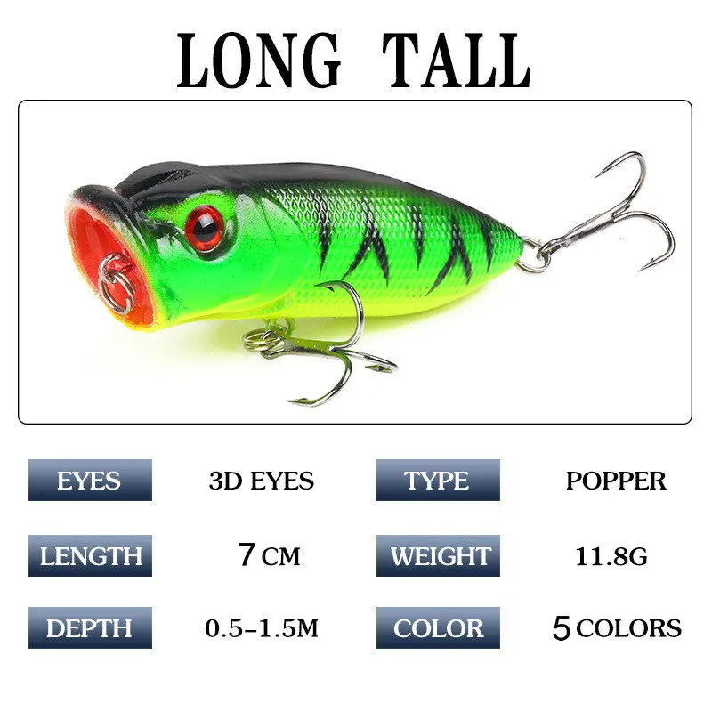 1Pcs 7cm 12g Popper Fishing Lure Hard Artificial Bait Topwater with 2 Treble Hooks Carp Fishing Lures Wobbler Crankbait Pesca