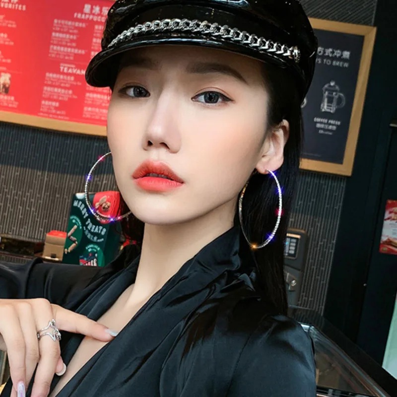 Raexrage 30-100mm Fashion Hoops Earrings With Rhinestone Circle Crystal Earrings Big Basketball Wives CZ Hiphop Earrings Women