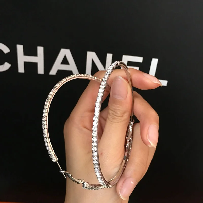 Raexrage 30-100mm Fashion Hoops Earrings With Rhinestone Circle Crystal Earrings Big Basketball Wives CZ Hiphop Earrings Women