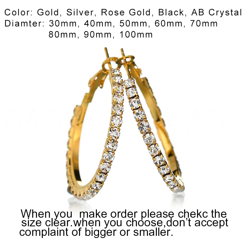 Raexrage 30-100mm Fashion Hoops Earrings With Rhinestone Circle Crystal Earrings Big Basketball Wives CZ Hiphop Earrings Women