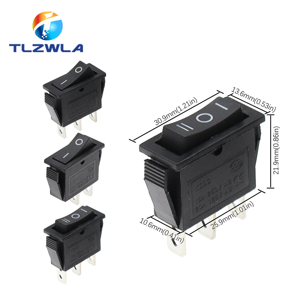 1PCS KCD3 Rocker Switch ON-OFF ON-OFF-ON 2 Position 3Pins Electrical equipment With Light Power Switch 16A 250V / 20A 125V AC