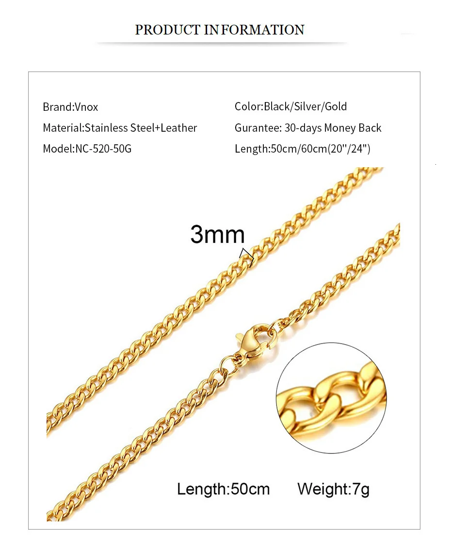 Vnox Men's Cuban Link Chain Necklace Stainless Steel Black Gold Color Male Choker colar Jewelry Gifts for Him