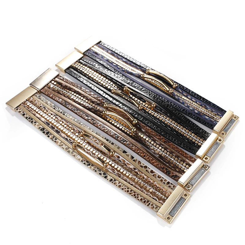 ALLYES Crystal Snake Skin Leather Bracelets for Women Fashion Bohemian Multilayer Charm Bracelet Bangles Female Party Jewelry