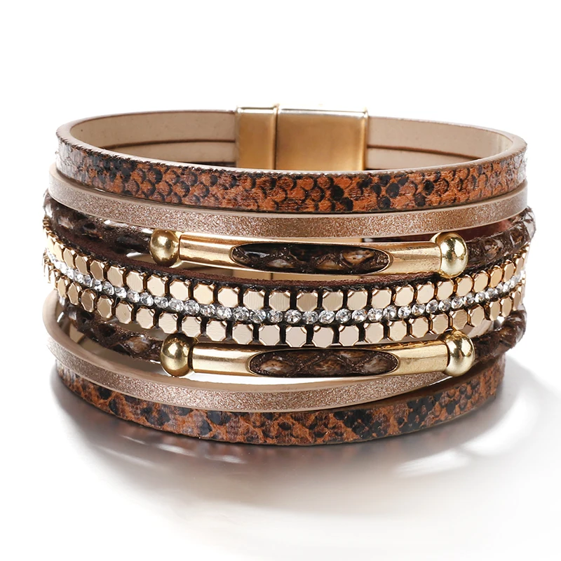 ALLYES Crystal Snake Skin Leather Bracelets for Women Fashion Bohemian Multilayer Charm Bracelet Bangles Female Party Jewelry